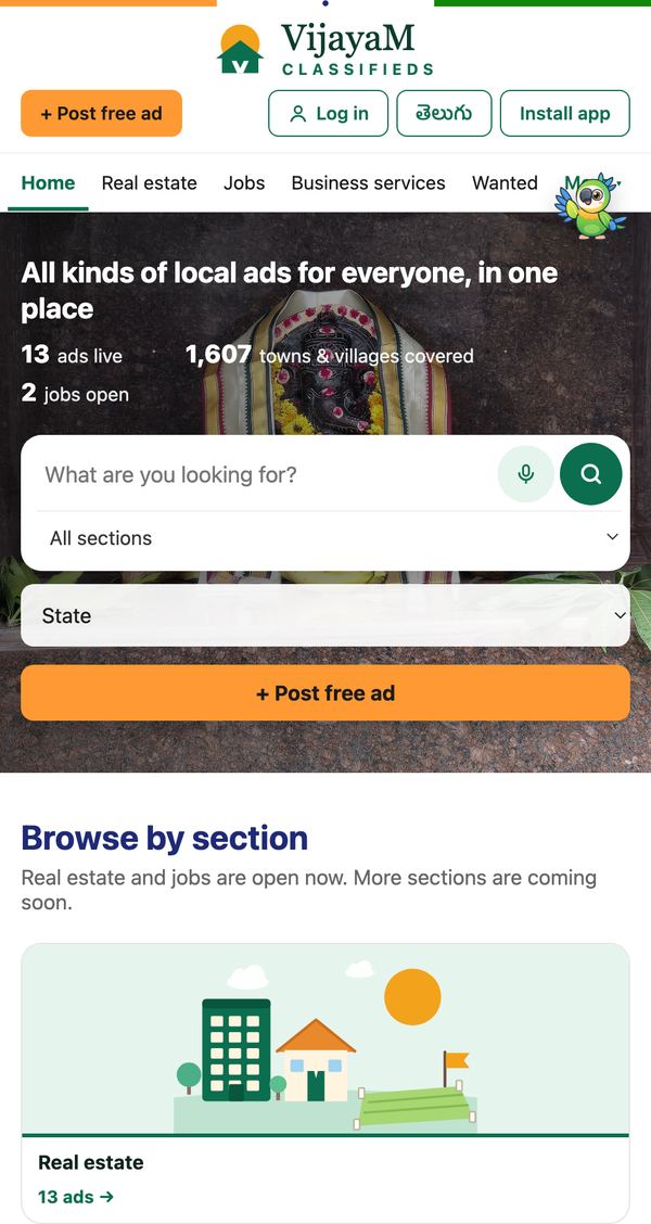 The Vijayam Classifieds home page on a phone: a search box, a choice of state, the Post free ad button and the real estate section.